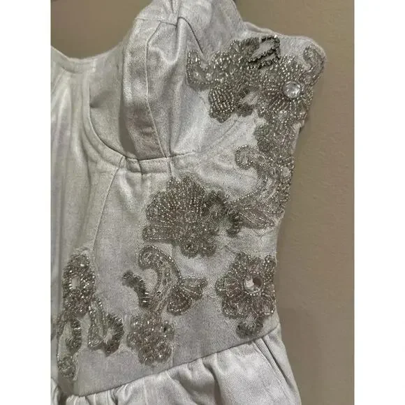 Free People Janelle Bubble Dress Denim Beaded Romper 0 NWT - Picture 6 of 11